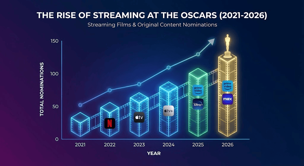 Infográfico de tendências para o Oscar 2026 onde assistir.