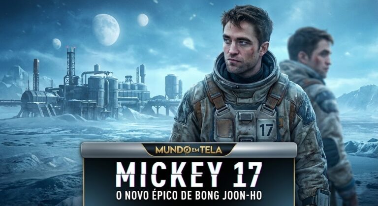Robert Pattinson como Mickey 17 no mundo gelado de Niflheim.