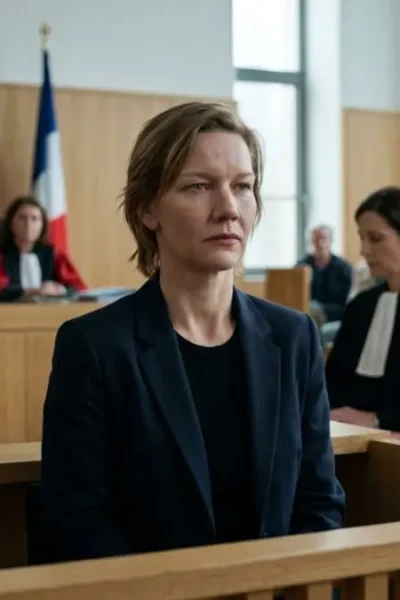 Sandra Voyter durante o julgamento em Anatomia de uma Queda.