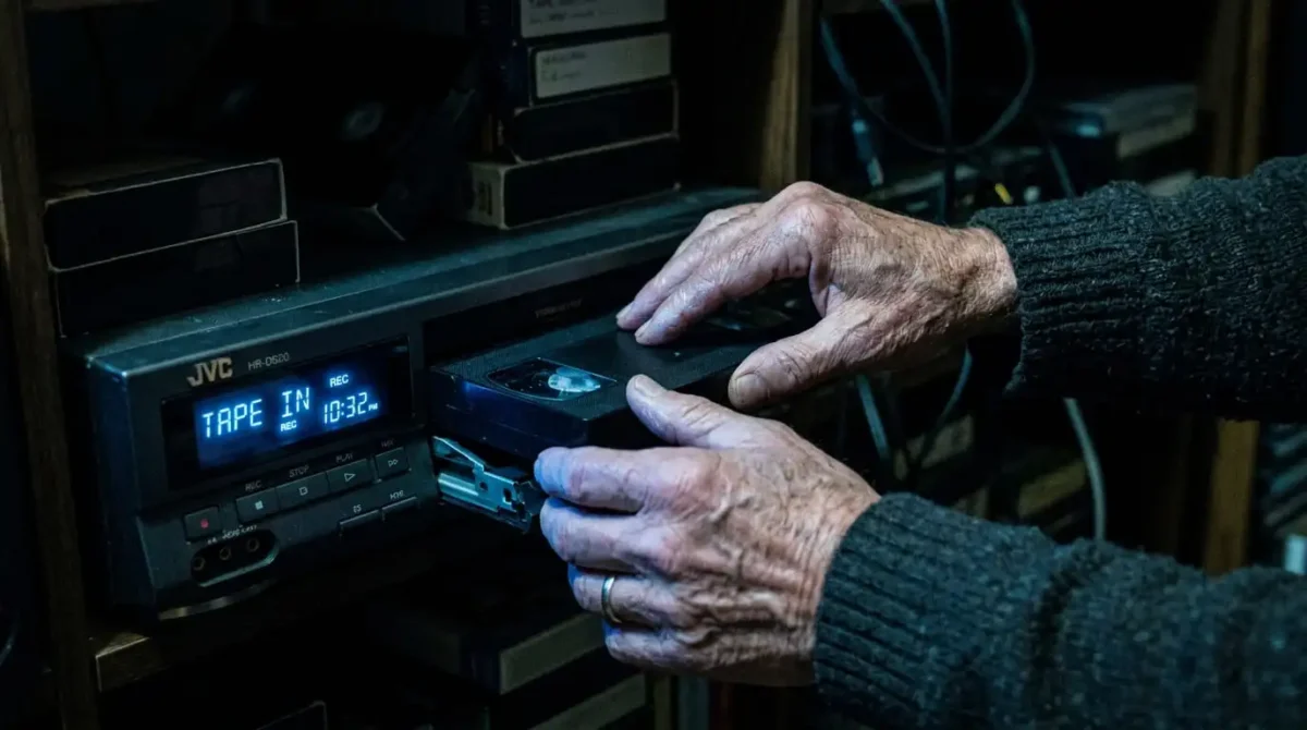 georges colocando a fita vhs no aparelho de video no filme cache
