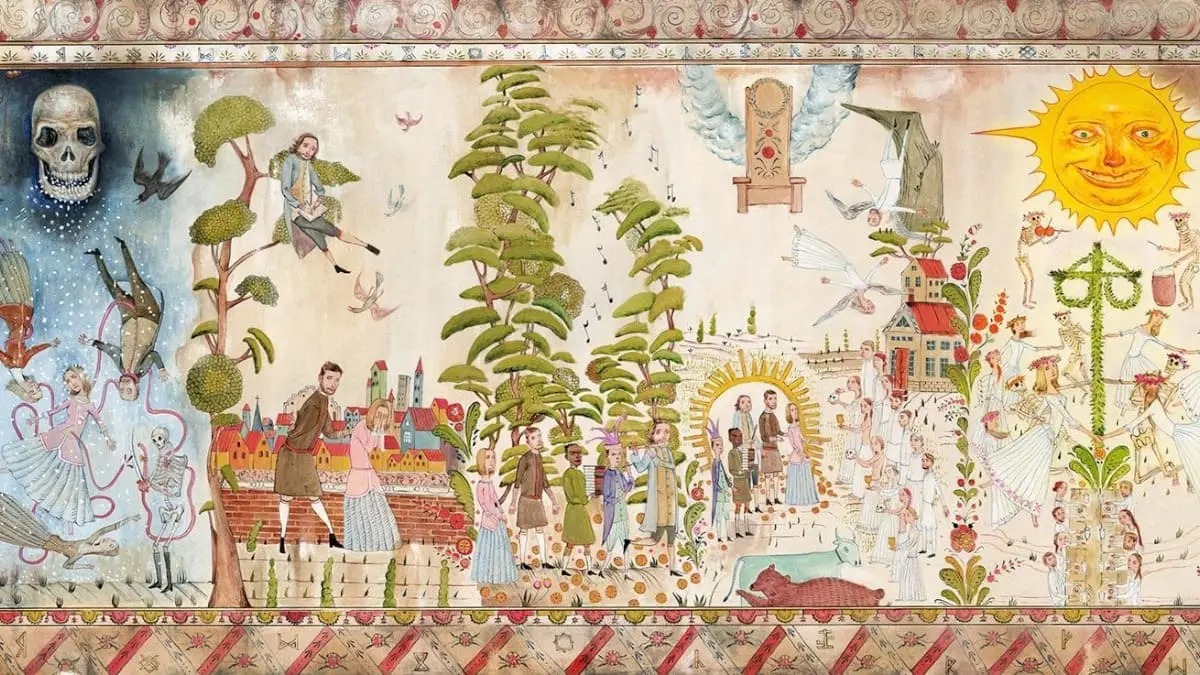 Final Explicado de Midsommar (2019) - O Mal Não Espera a Noite Mural detalhado de Hårga em Midsommar mostrando runas e tapeçarias que revelam o destino inevitável