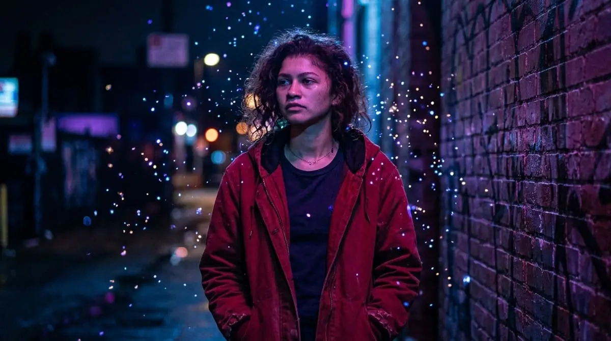 Rue Bennett pensativa na primeira temporada de Euphoria.
